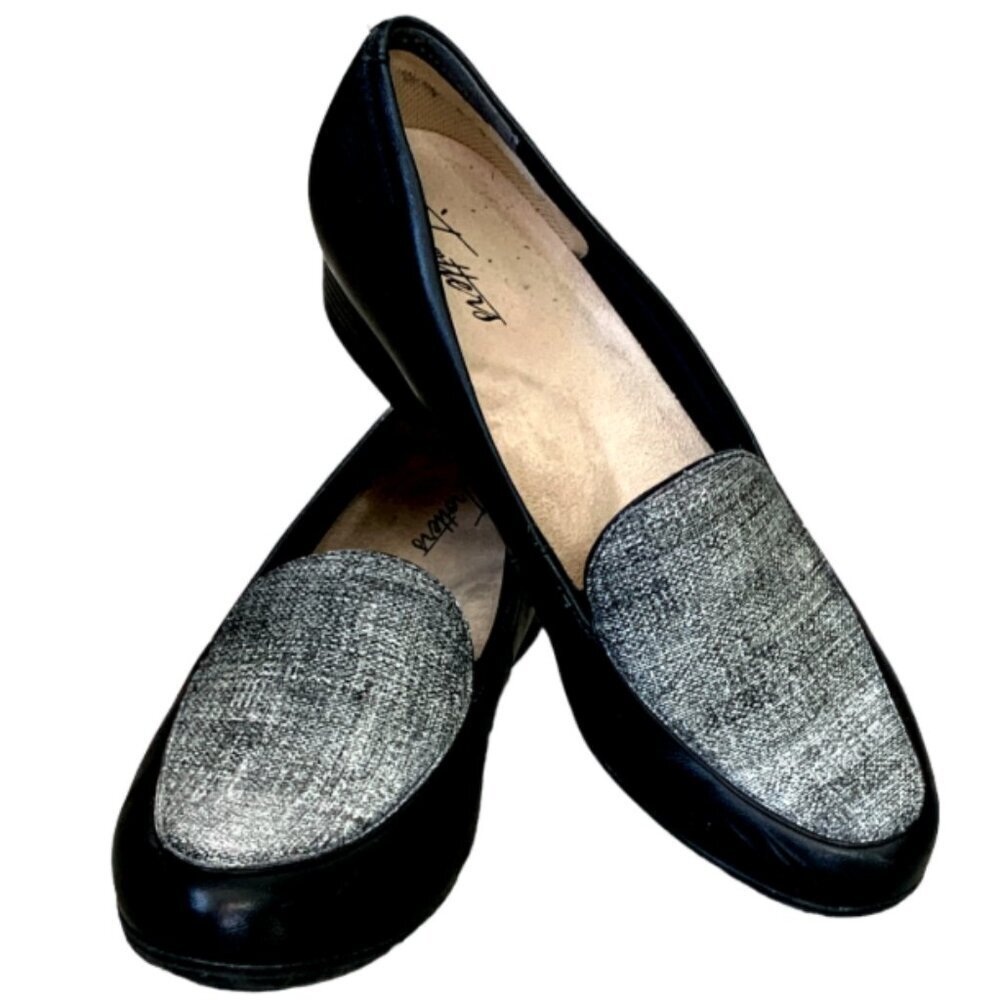 Trotters Black Leather Two Tone Linen Flat Loafer‎ Sz 8M #292P